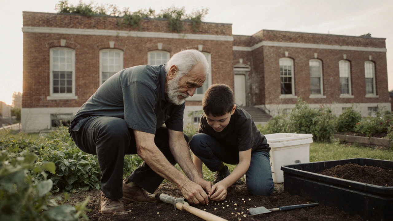 A child and elder planting seeds together in a community garden beside a historic school building.