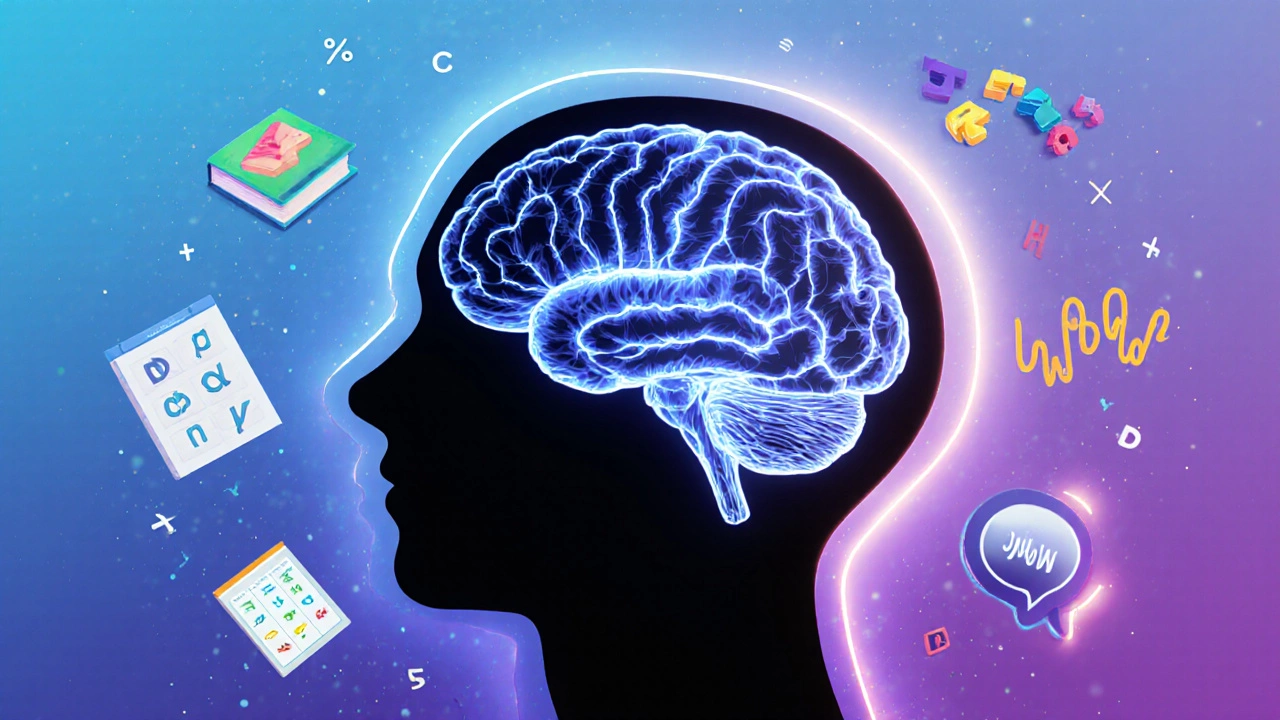 Adolescent brain illustration highlighting glowing neural pathways and learning icons.