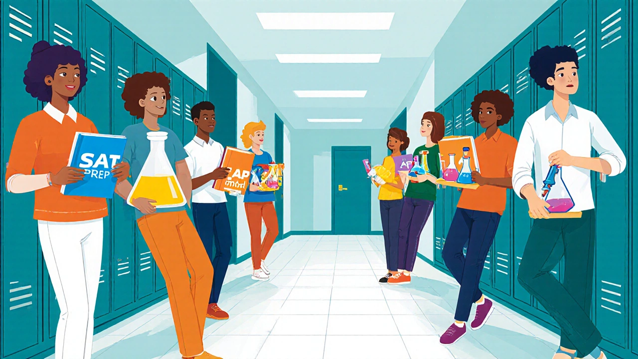 American high school students in a hallway holding SAT prep books and AP lab equipment.