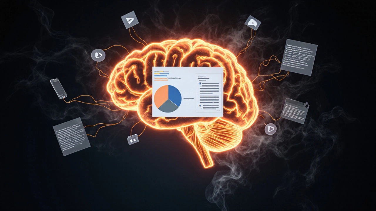 Brain with glowing visual pathways as text dissolves into smoke.
