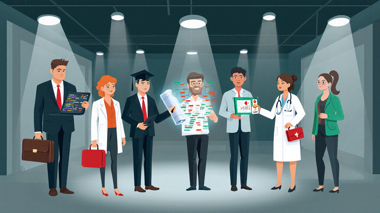 Career fair scene with avatars representing top‑paying master’s programs and their tools.