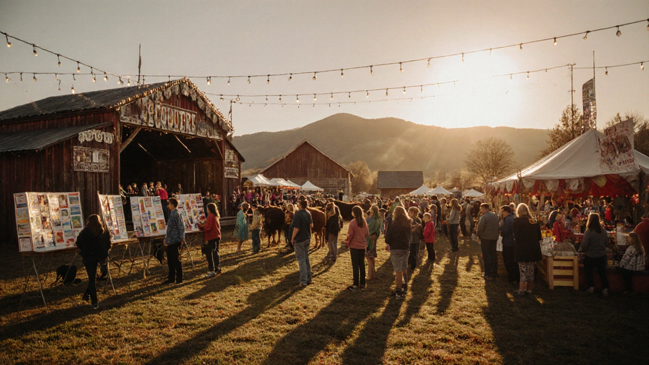 Children presenting science projects at the Rockingham County Fair under autumn trees and string lights.