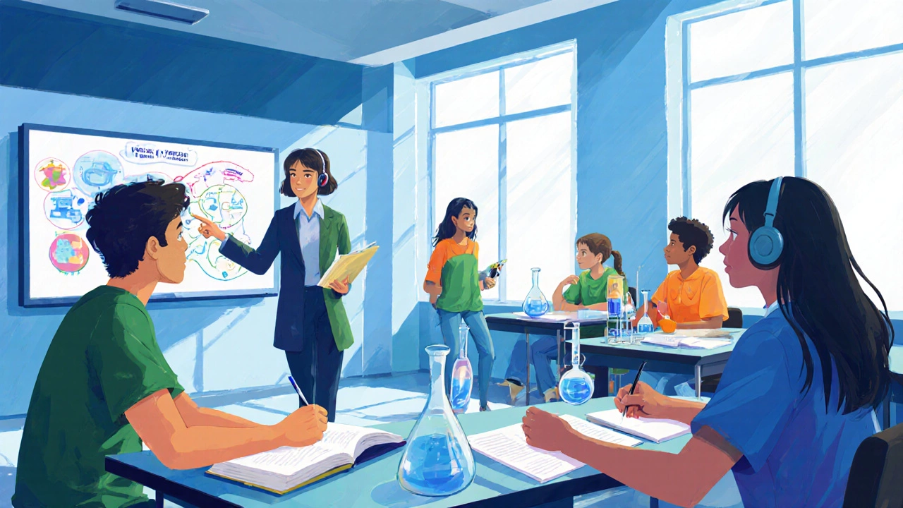 Classroom scene showing students using diagrams, headphones, notes, and hands‑on experiments.