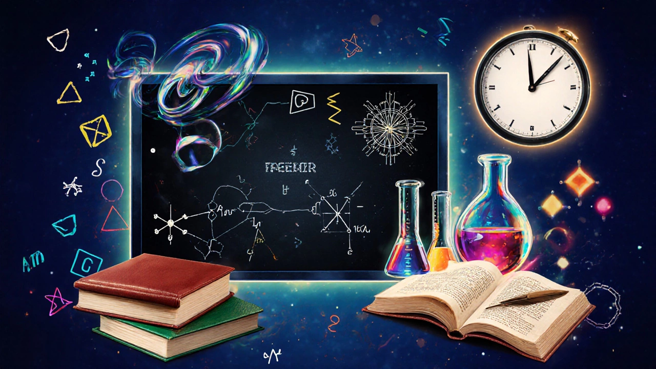 Collage of maths equations, physics diagrams, chemistry lab, and literature book with a ticking clock.
