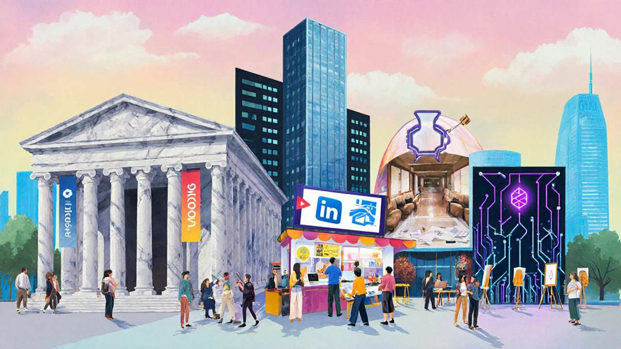 Collage of symbolic scenes representing major online learning platforms and features.