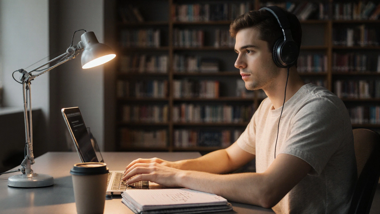 College student using assistive technology for reading in a library.
