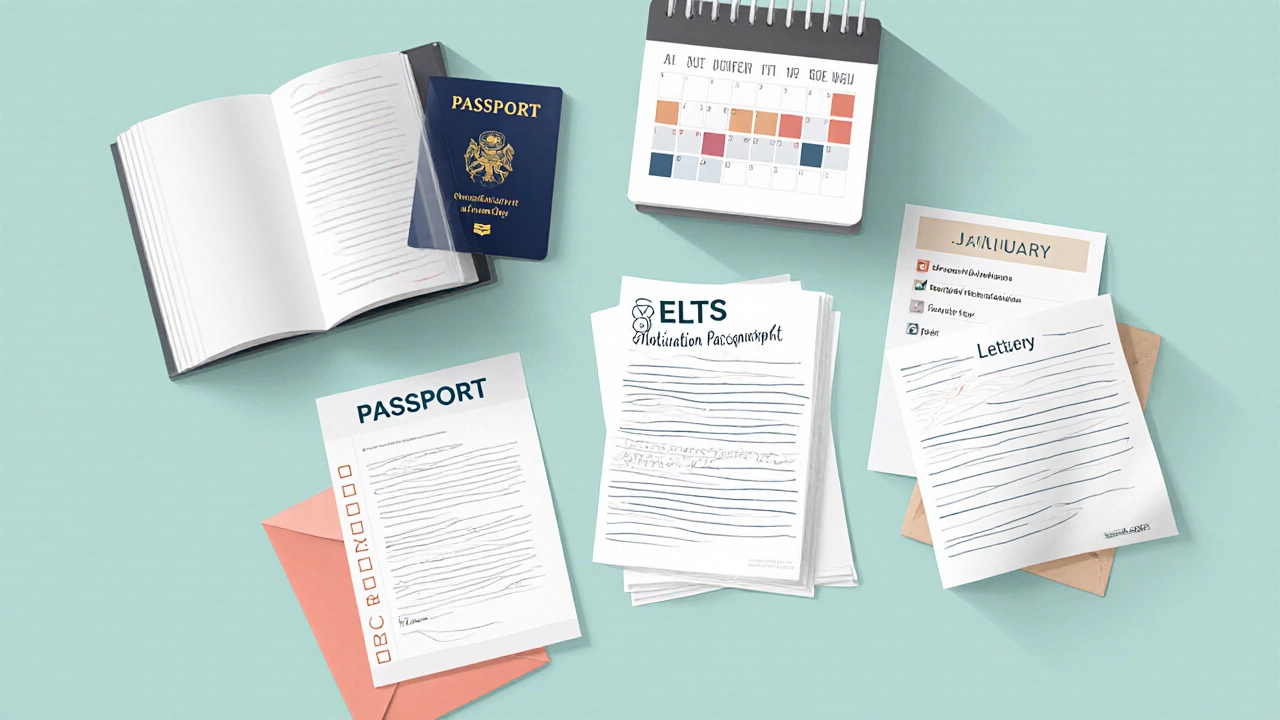 Desk view of a passport, transcripts, language certificate, motivation note, reference letters, and a calendar with deadline marks.