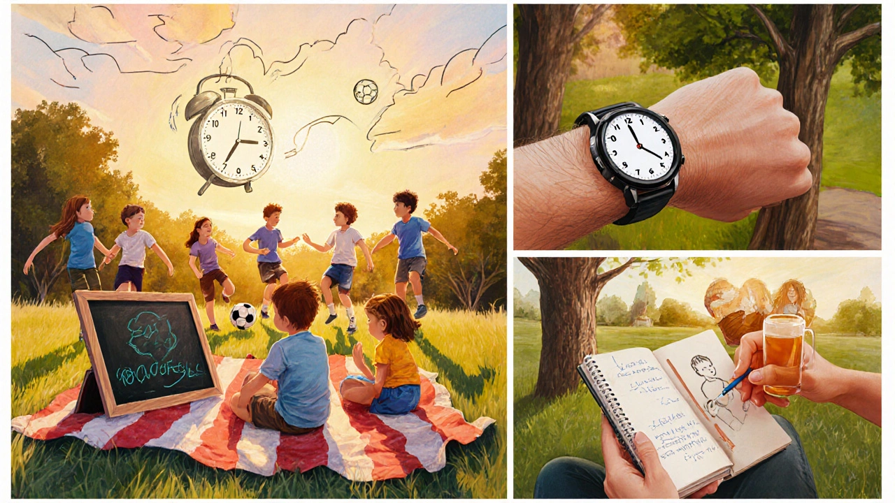 Family picnic with learning board, soccer, timer, and meditation representing balanced homeschooling.