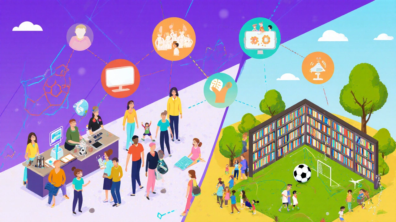 Flat‑design illustration of a homeschooling co‑op with sports, labs, and online groups.