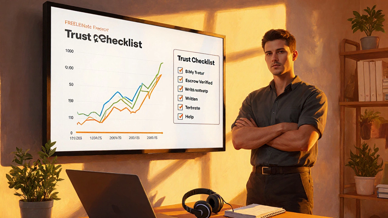 Freelancer reviewing earnings graph and trust checklist in a bright workspace.