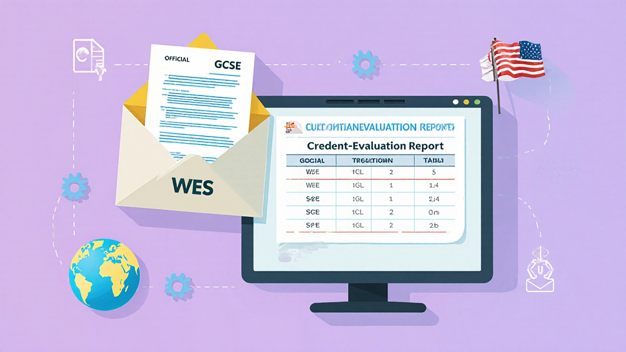 Graphic showing a sealed GCSE transcript, envelope marked WES, and a conversion report on a screen.
