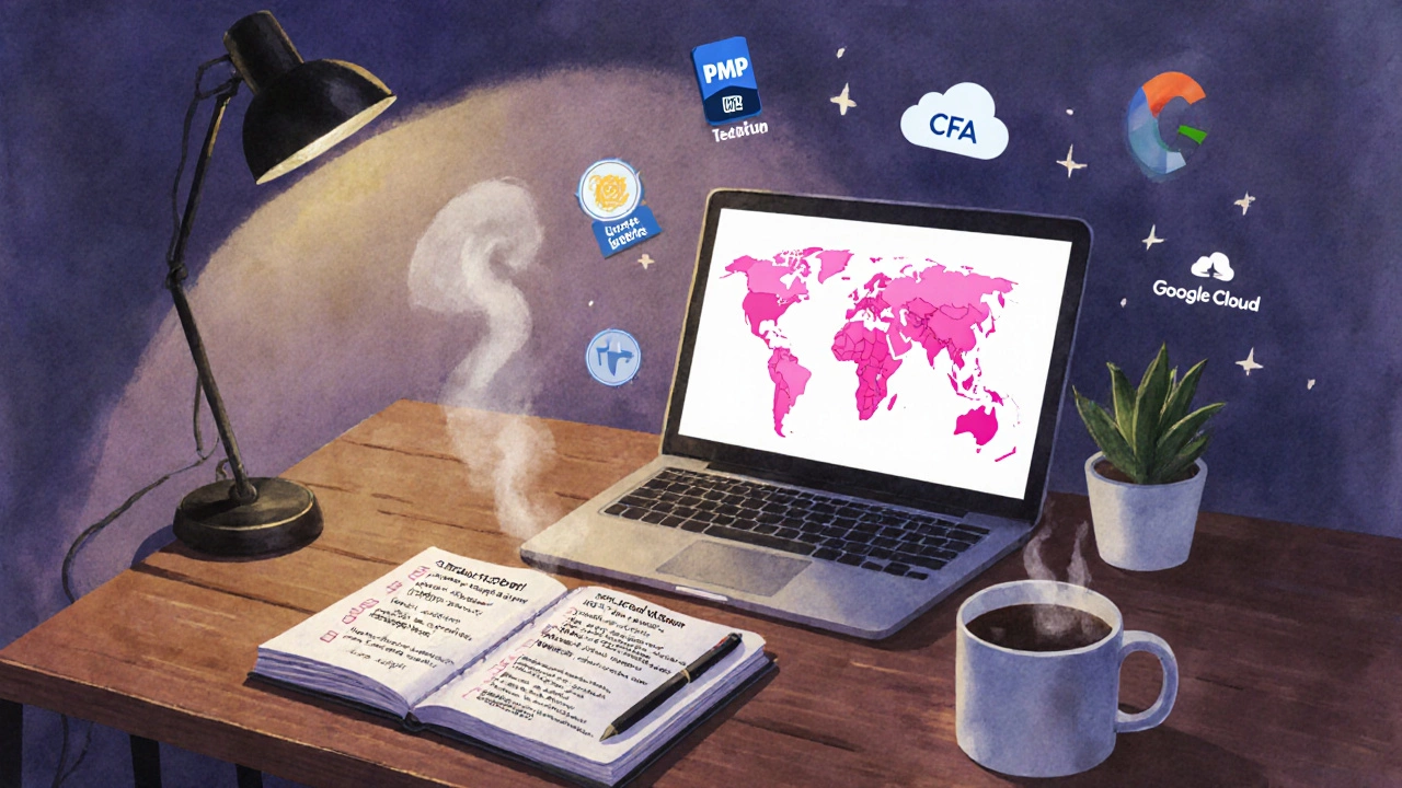 Home office with checklist, map of tech hubs, and certification icons for choosing a master’s.