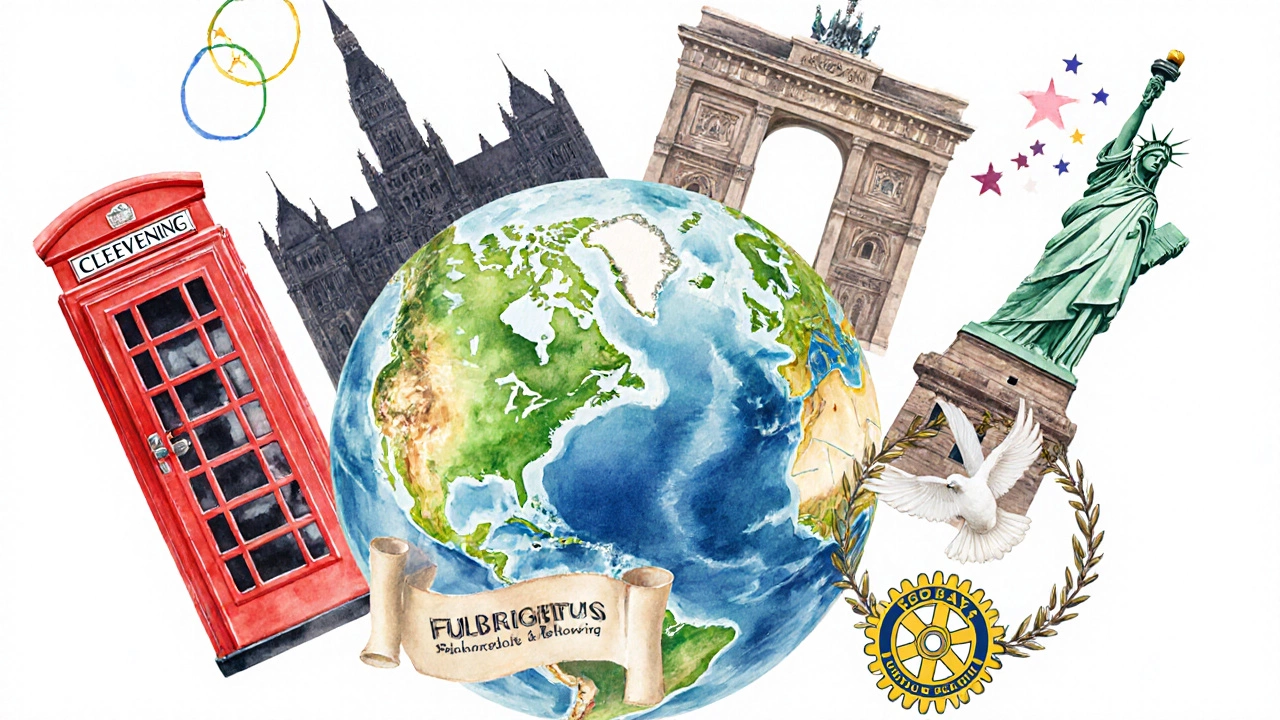 Illustrated collage of five major scholarships with iconic landmarks around a globe.