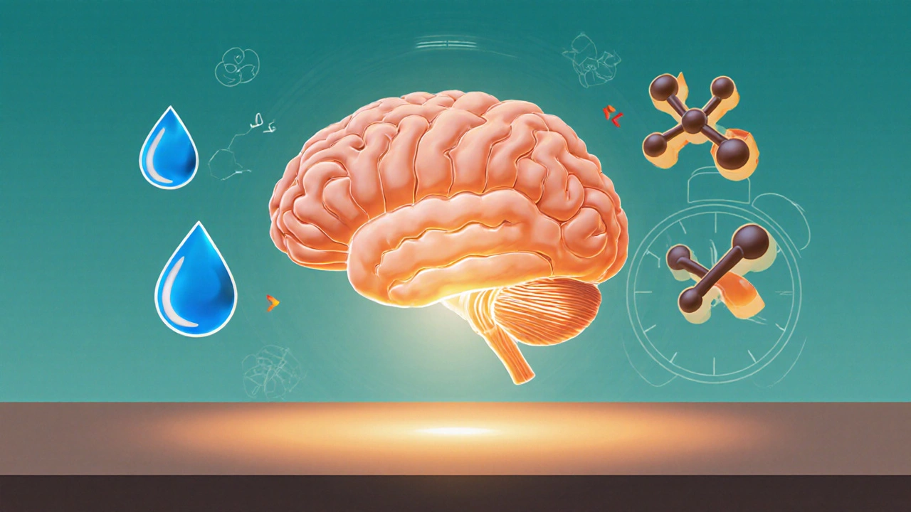 Illustration of a brain surrounded by caffeine and water symbols, highlighting focus and hydration.