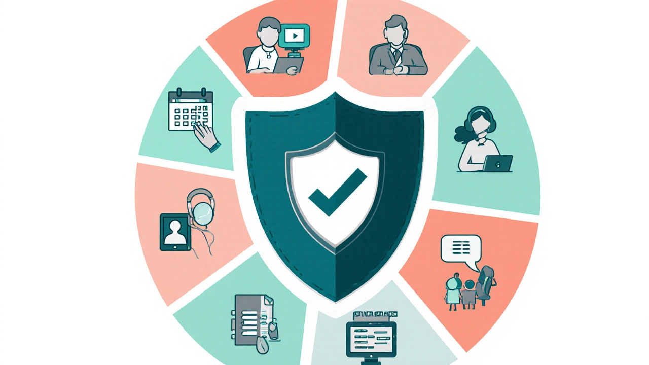 Illustration of eight remote job icons surrounding a central trust shield.