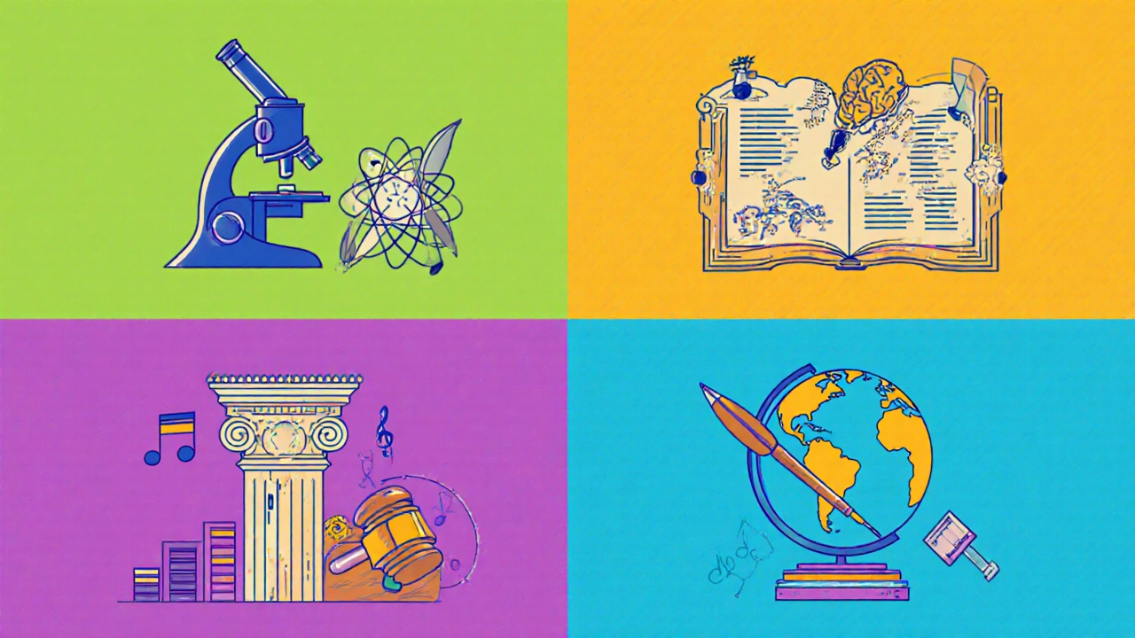 Illustration showing four quadrants for STEM, Humanities, Social Sciences, and Creative Arts subjects.
