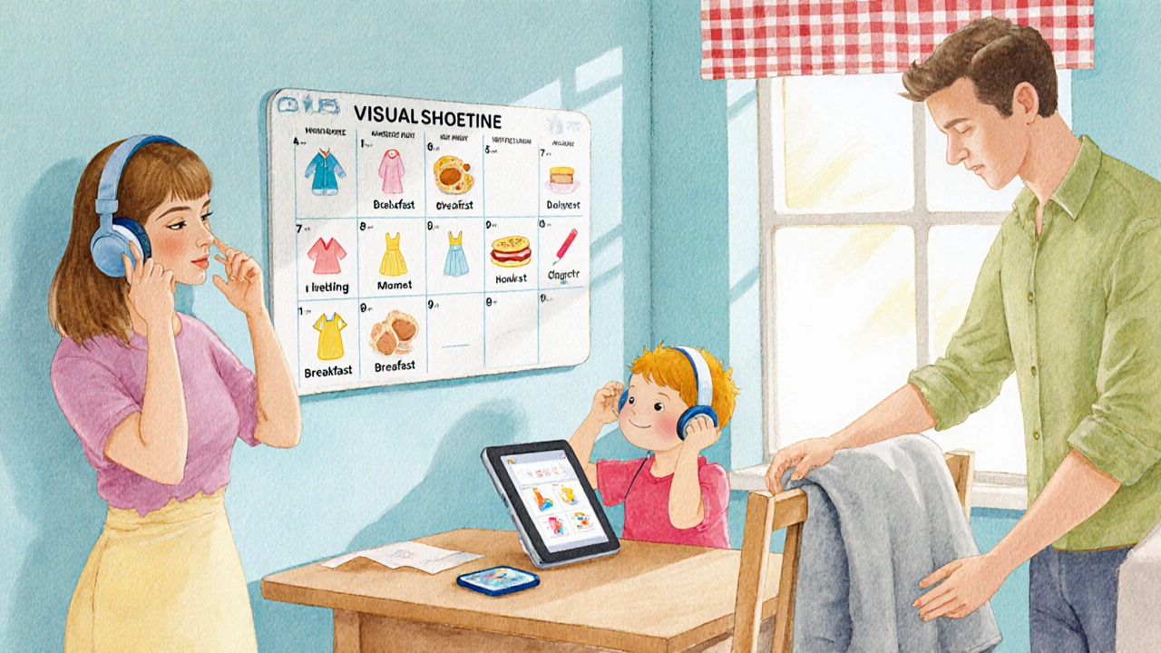 Kitchen with visual schedule board and child using an AAC tablet.