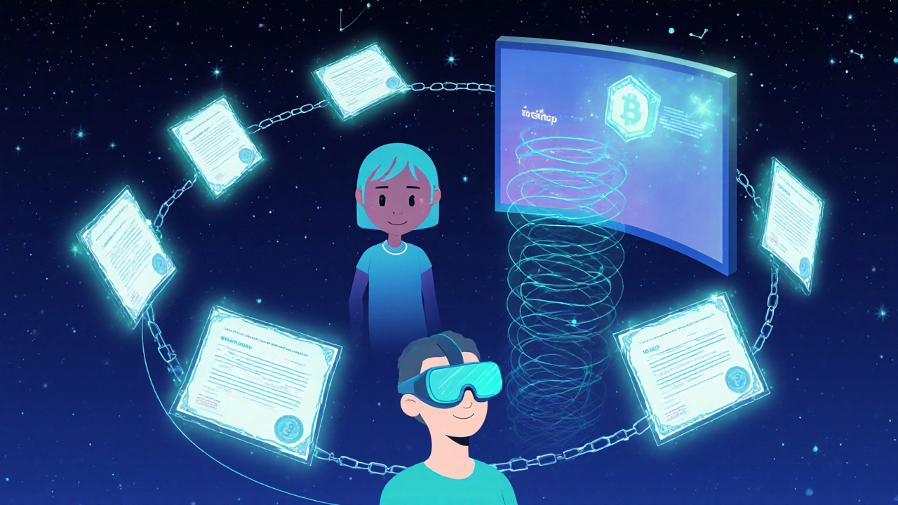 Learner with AR glasses surrounded by holographic certificates linked to a blockchain.
