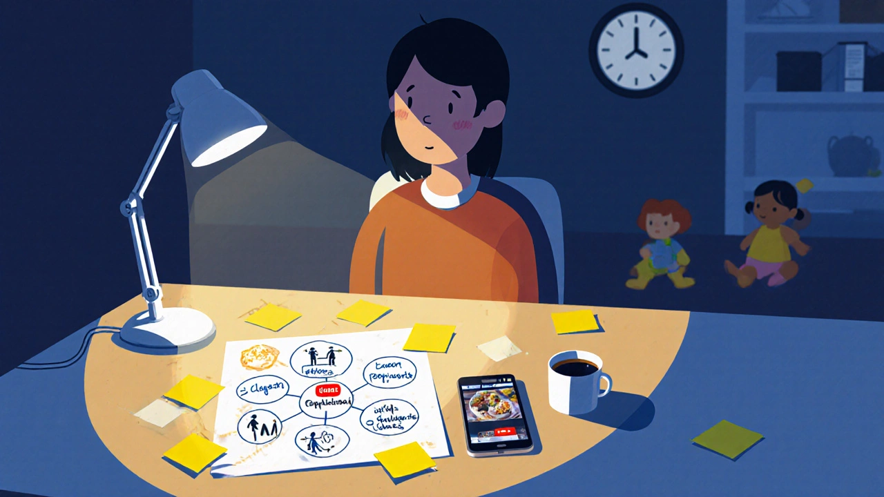 Nighttime learner sketching a mind map at a kitchen table with a phone nearby.