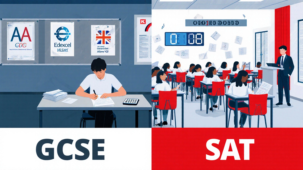 Side‑by‑side view of a UK GCSE classroom and a US SAT testing center.