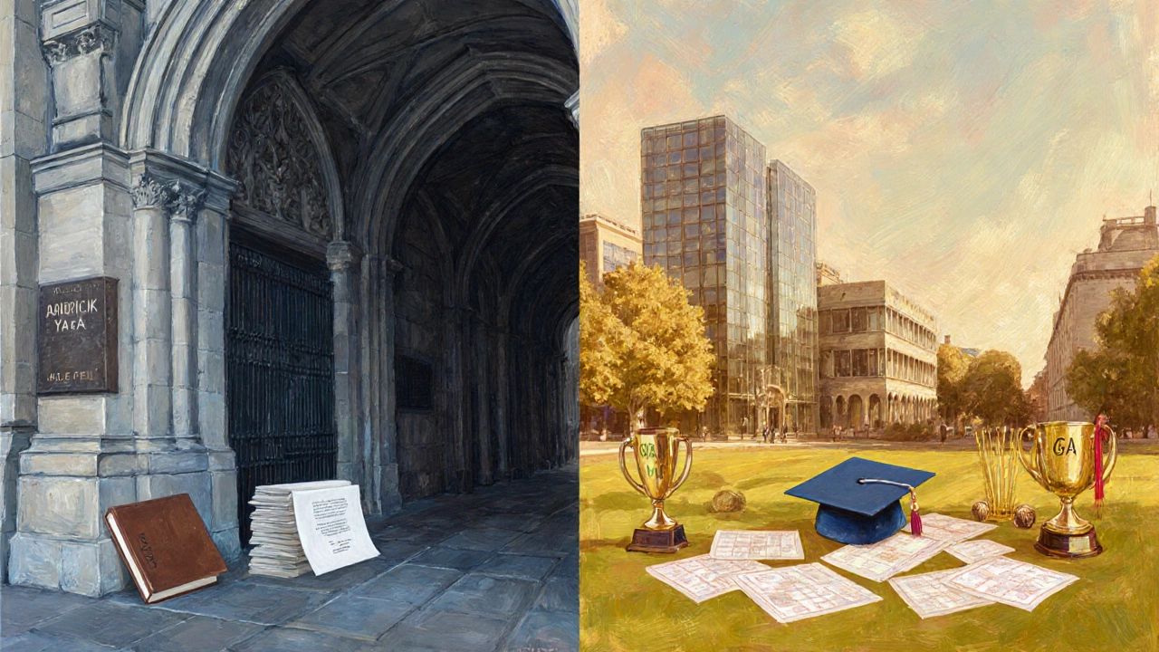 Split scene showing a UK university gate with A‑level papers and a US campus with AP scores and trophies.