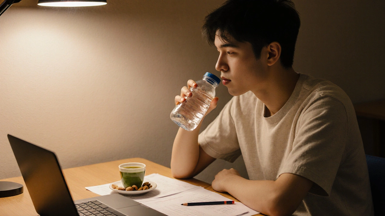 Student at an exam desk calmly sipping water, with a cup of tea and a small bottle beside the test paper.
