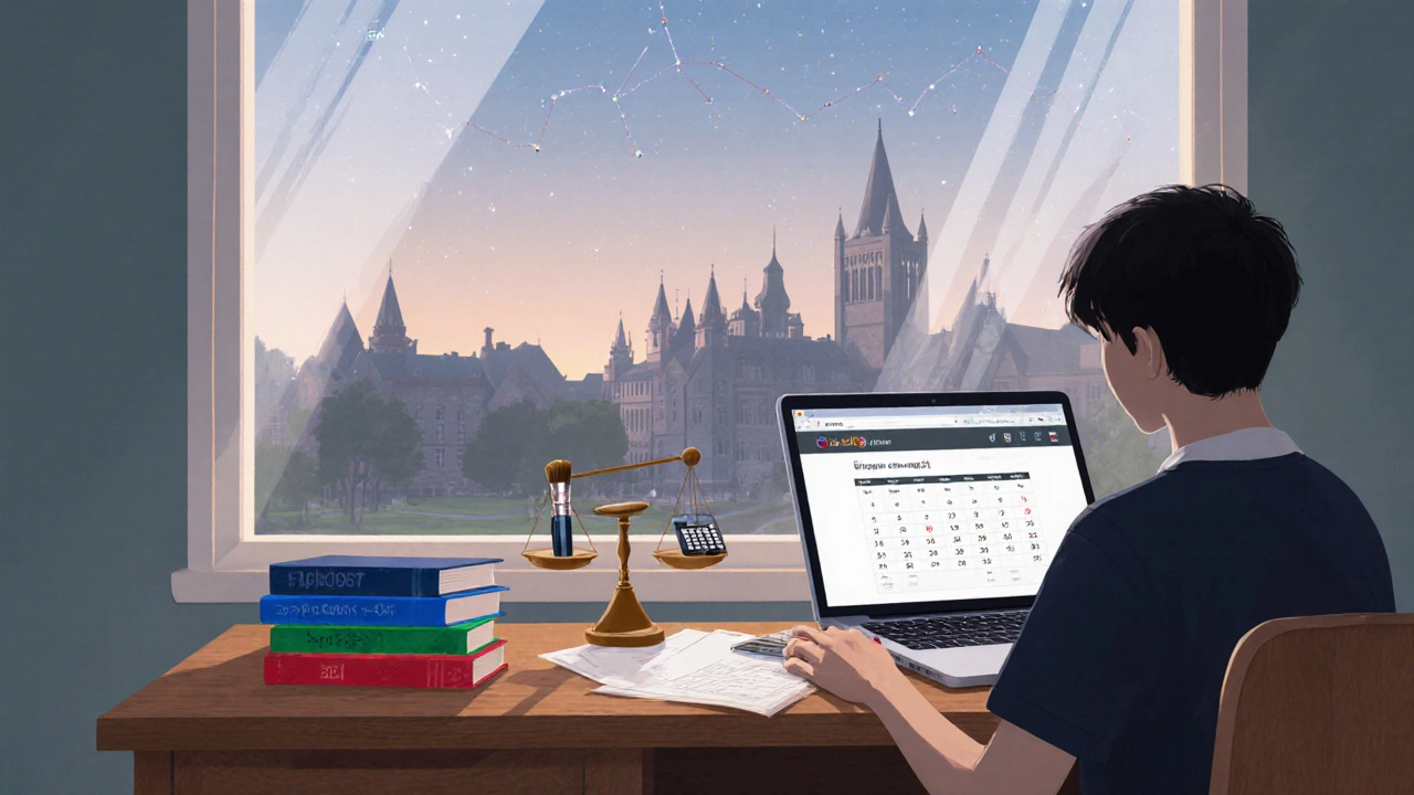 Student at desk balancing a paintbrush and calculator, with a university campus seen through the window.