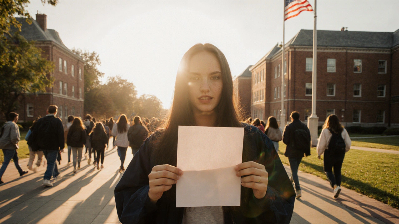 Student celebrating with an acceptance letter on a sunny US college campus.