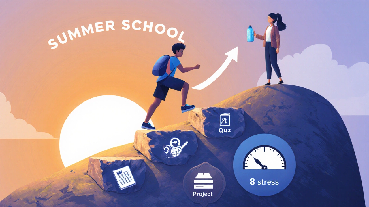 Student climbing a hill of summer school with micro‑goals and upward GPA.