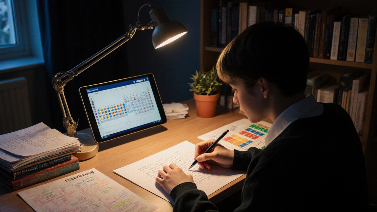Student studying at a desk with formula sheet, past papers, essay outline, and tablet in a cozy room.