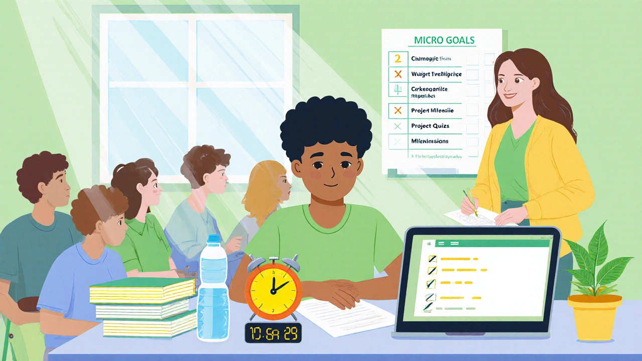 Student using Pomodoro timer with quizzes and teacher support in a small summer class.