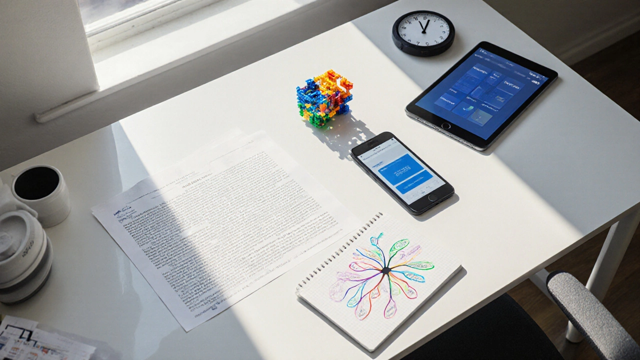 Study desk flat‑lay with notebook, sketch, phone recording, and a small kinetic model.