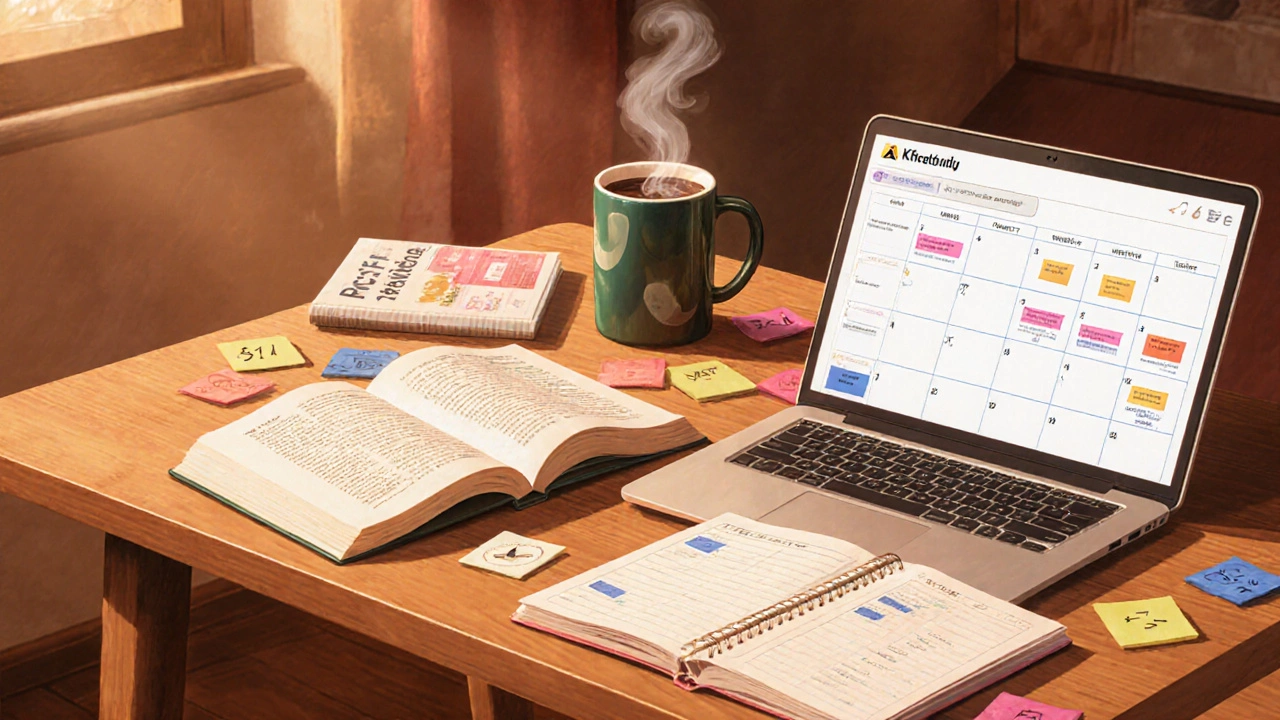 Study desk with GCSE paper, SAT guide, laptop and planner showing exam dates.
