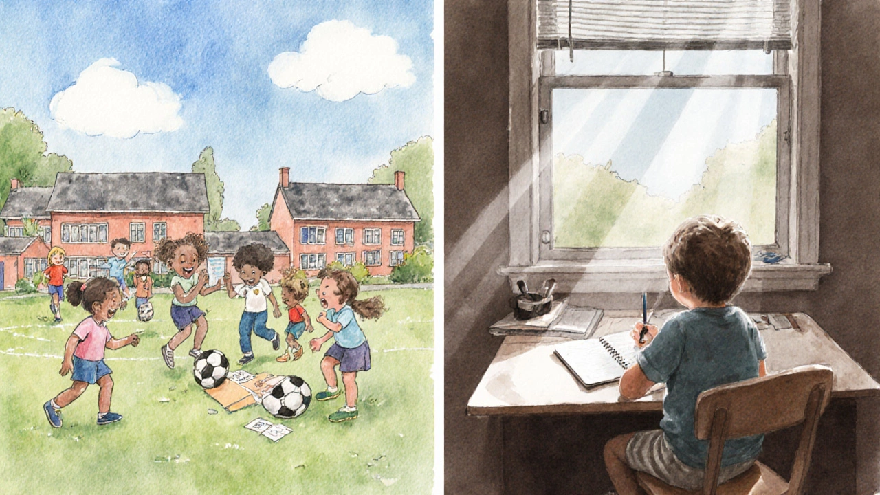 Watercolor split scene showing schoolyard kids playing and a homeschooled child watching from a window.