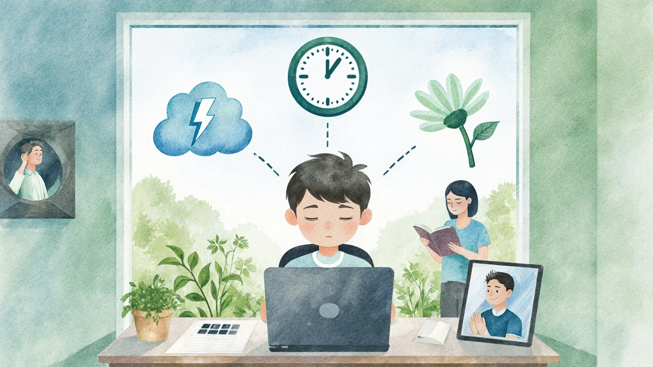 Watercolor study nook with icons for anxiety, depression, screen time, and parental stress.