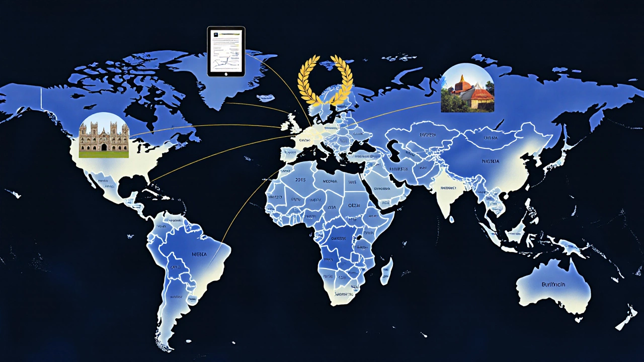 A global map with glowing connections between universities and humanitarian projects symbolizing elite scholarships.