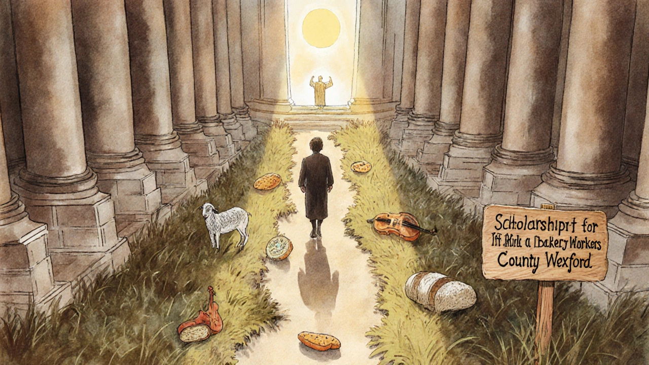 A lone figure walking toward a small scholarship sign while large, empty award stages fade behind them.