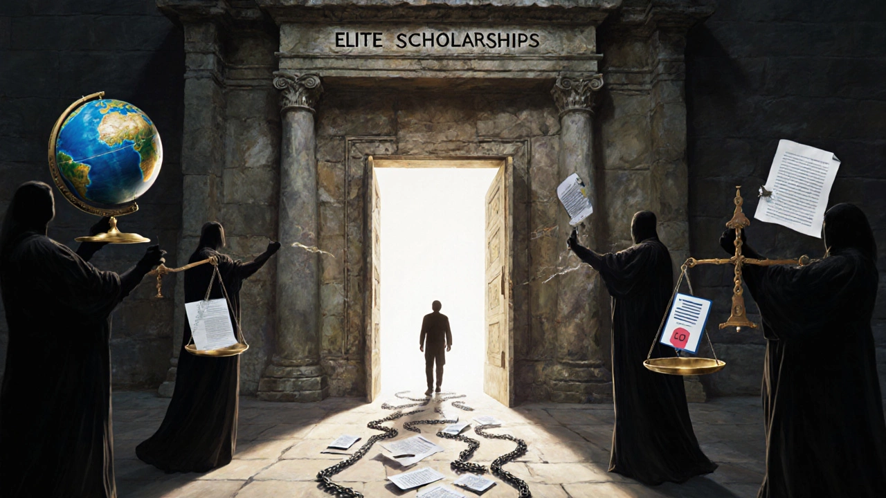 A monumental doorway representing elite scholarships, weighed down by symbols of achievement beyond academics.