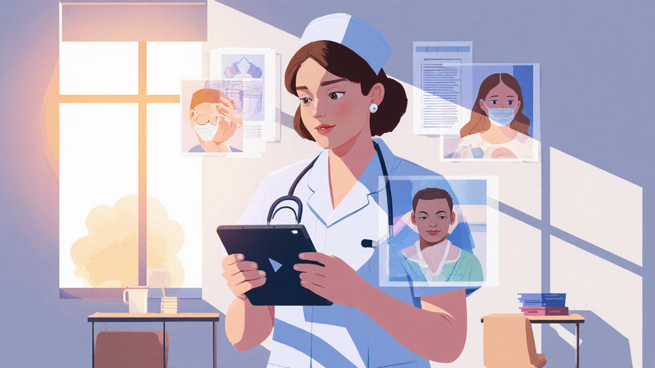 A nurse recording a training video in a hospital break room, surrounded by memories of her work.