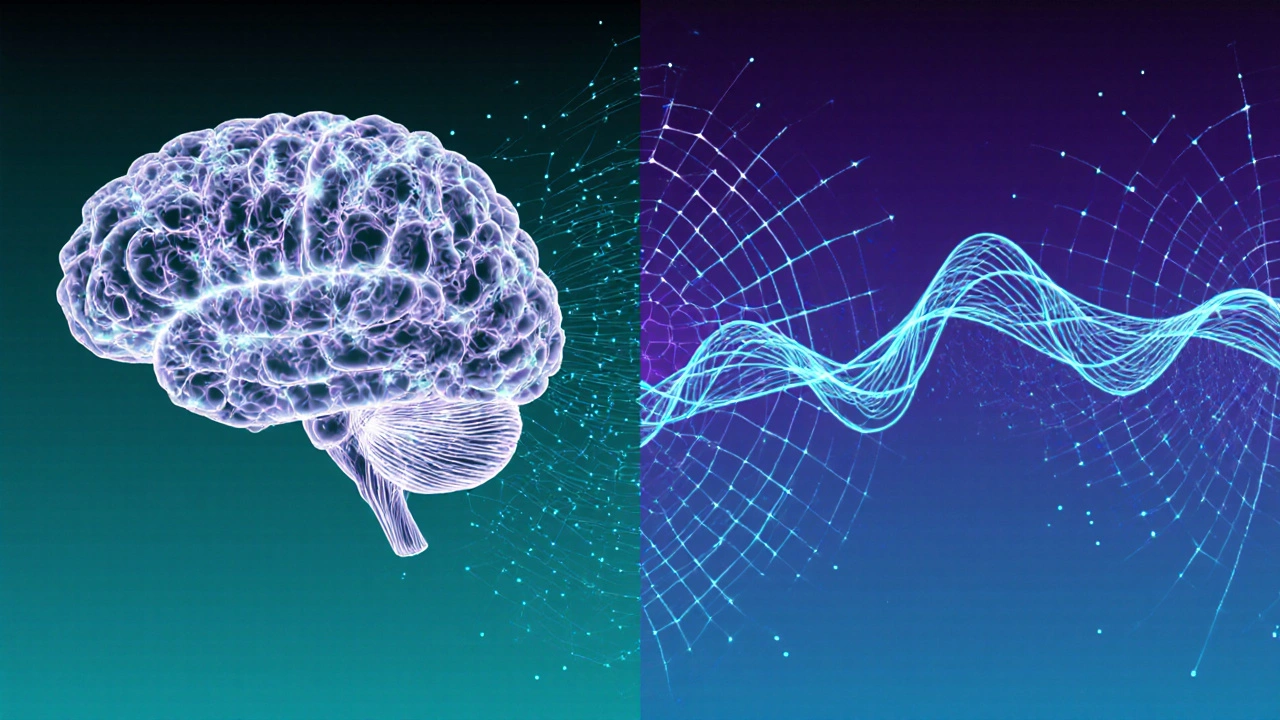 A scientific illustration comparing a disorganized brain under sleep deprivation to an organized one during restful sleep.