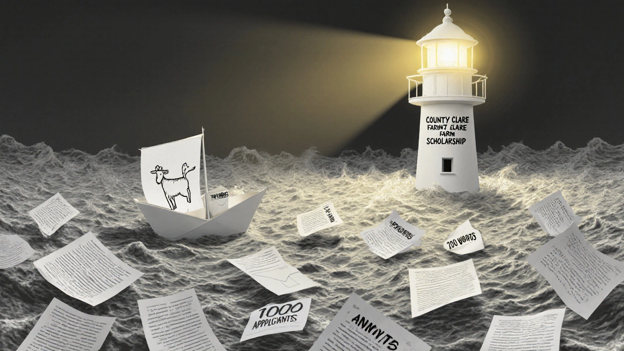 A single paper boat with a goat symbol floats toward a lighthouse labeled &#039;Hidden Scholarship&#039; amid a storm of applications.