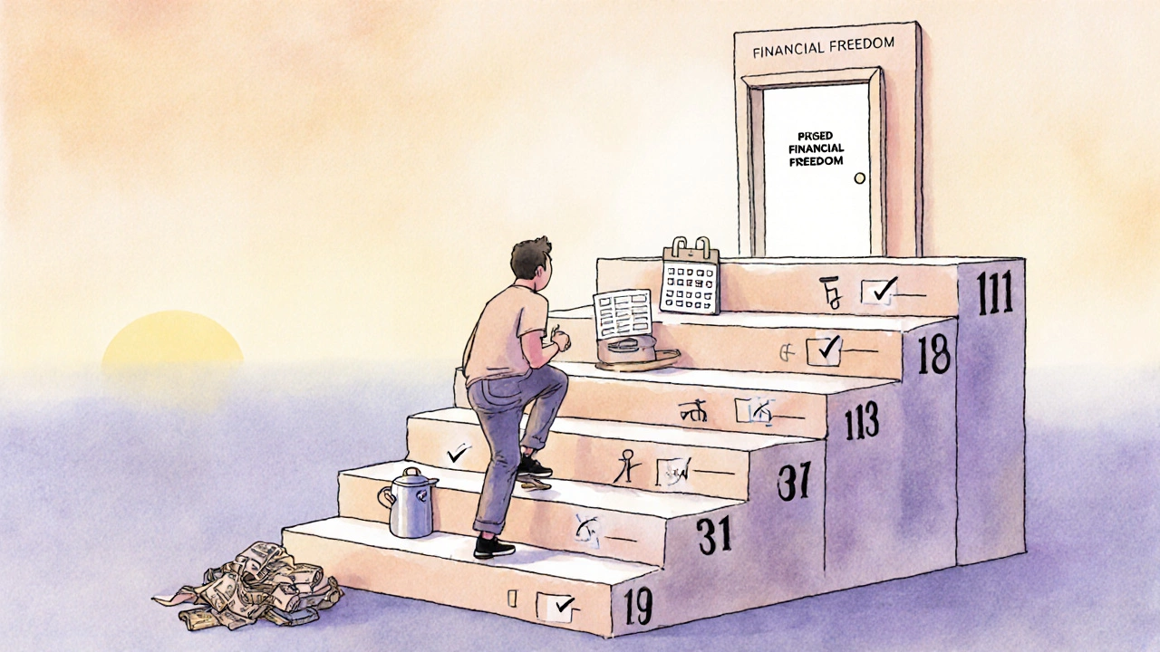 A symbolic staircase of scholarship forms leading to a glowing door, climbed by a determined person.