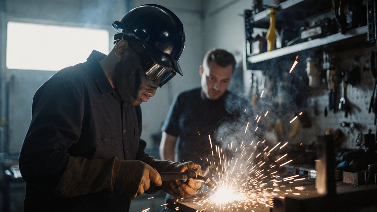 An adult student welding in a vocational training lab with sparks flying.