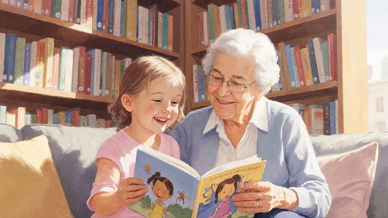 An older woman reading a book with her young granddaughter in a library.