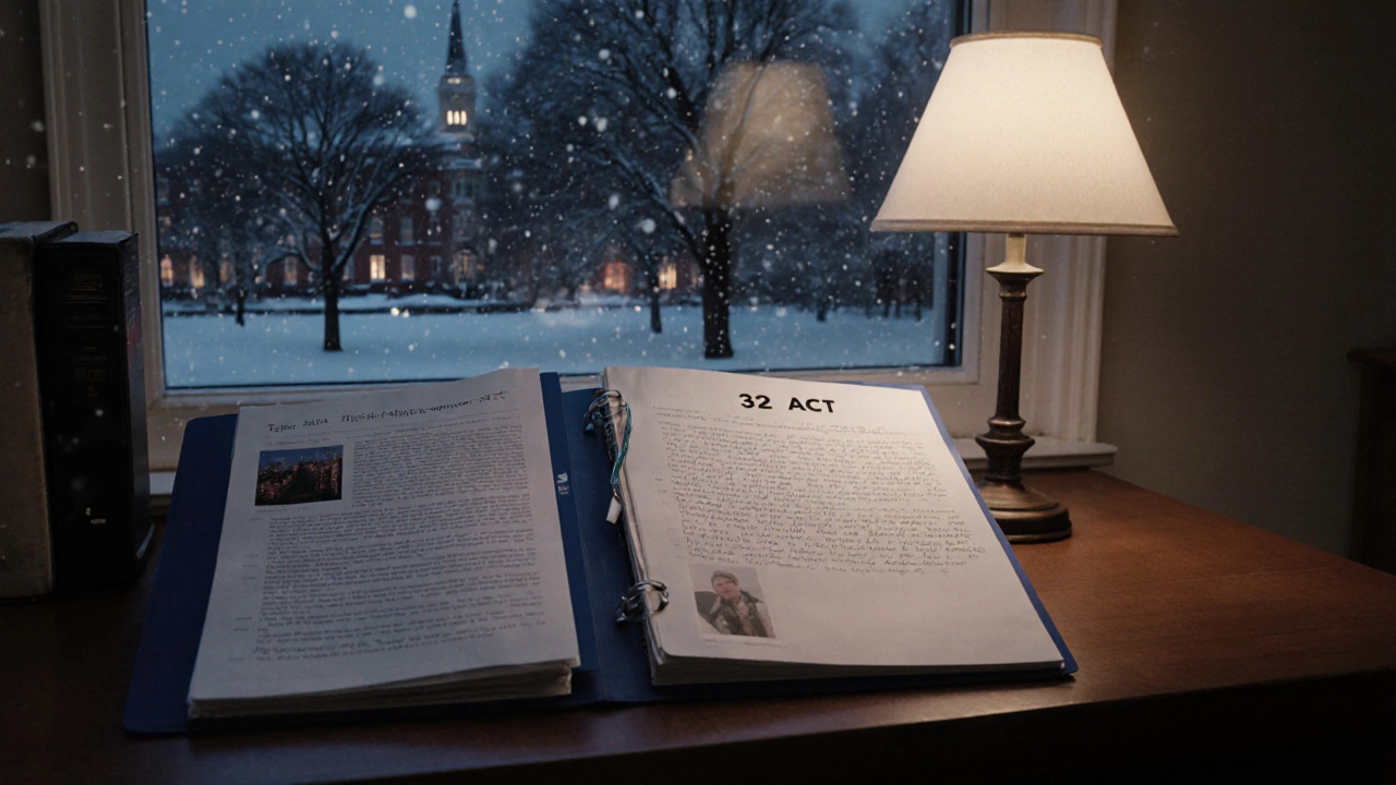 An open Harvard application folder with personal essays and photos on a desk, snow falling outside the window.