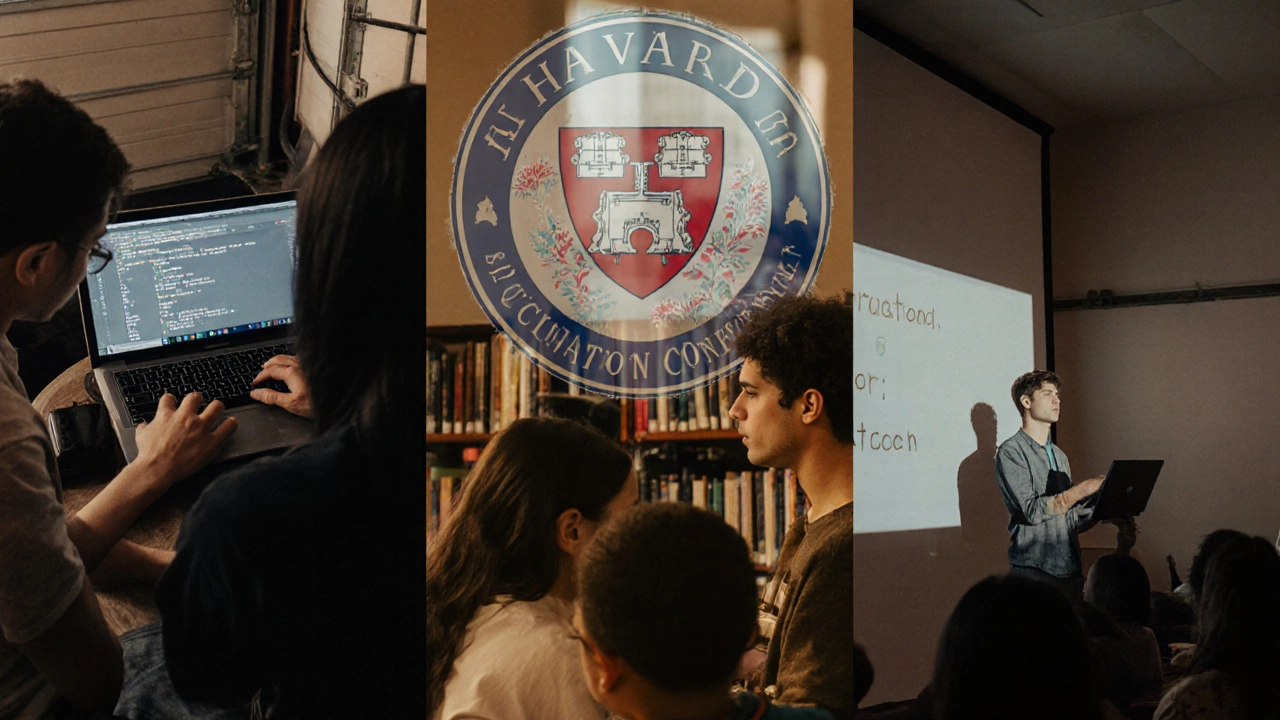 Diverse students engaged in impactful activities like coding, tutoring, and research, with Harvard&#039;s seal faintly in the background.
