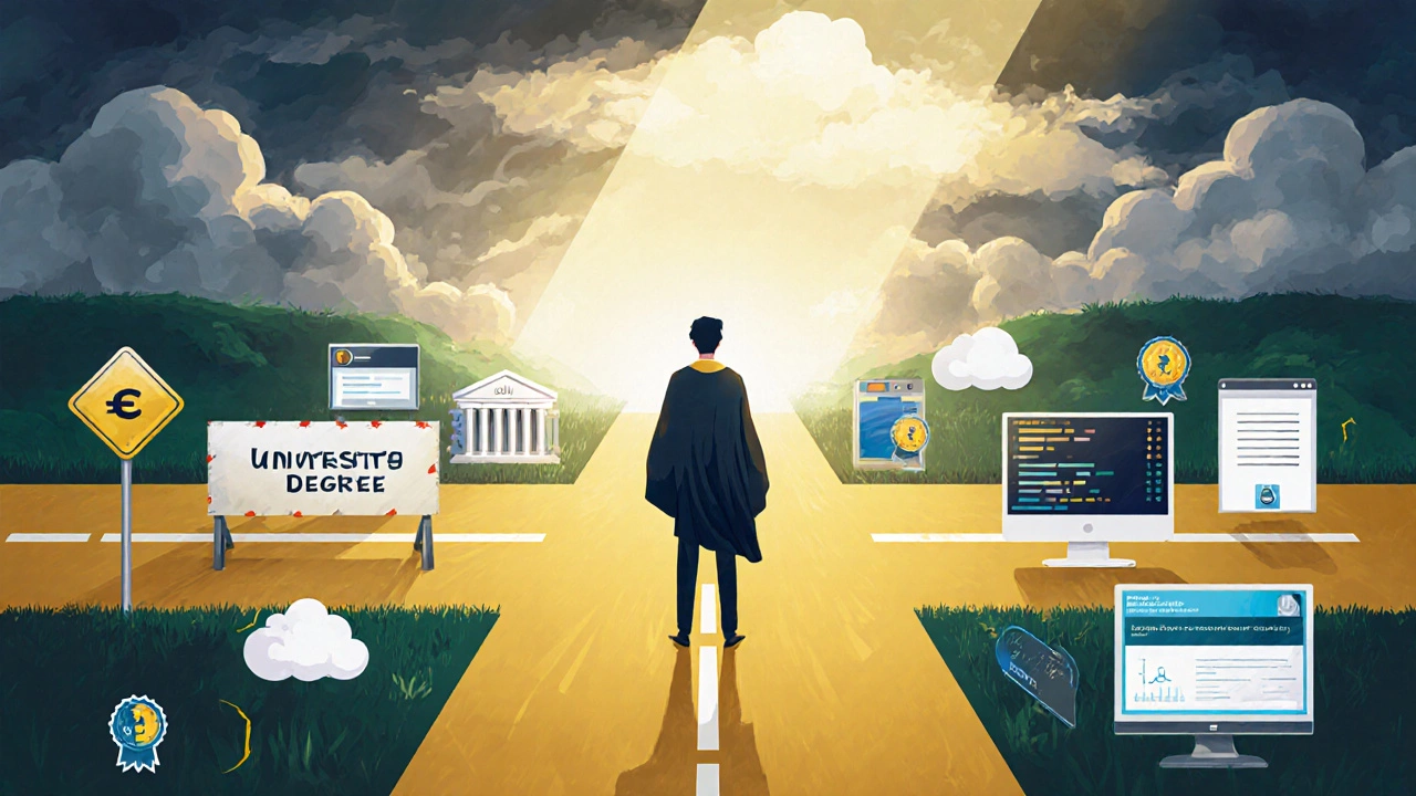 Person choosing between expensive university path and short certification path with digital tools.
