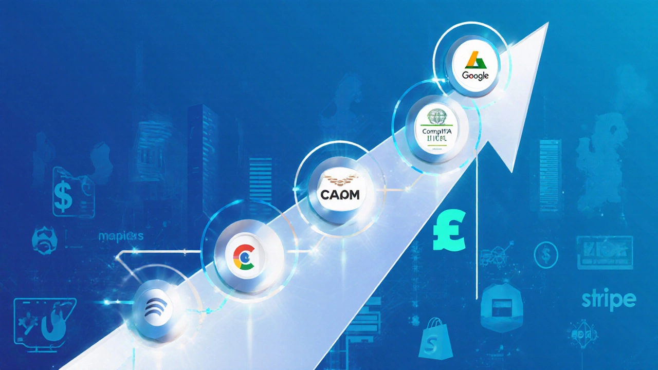 Rising salary graph with icons for Google, CompTIA, AWS, and CAPM certifications leading to a peak.