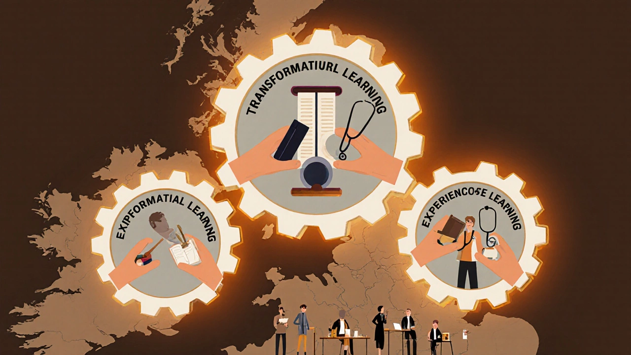 Three learning theories represented as interlocking gears made of hands and tools, symbolizing adult education.