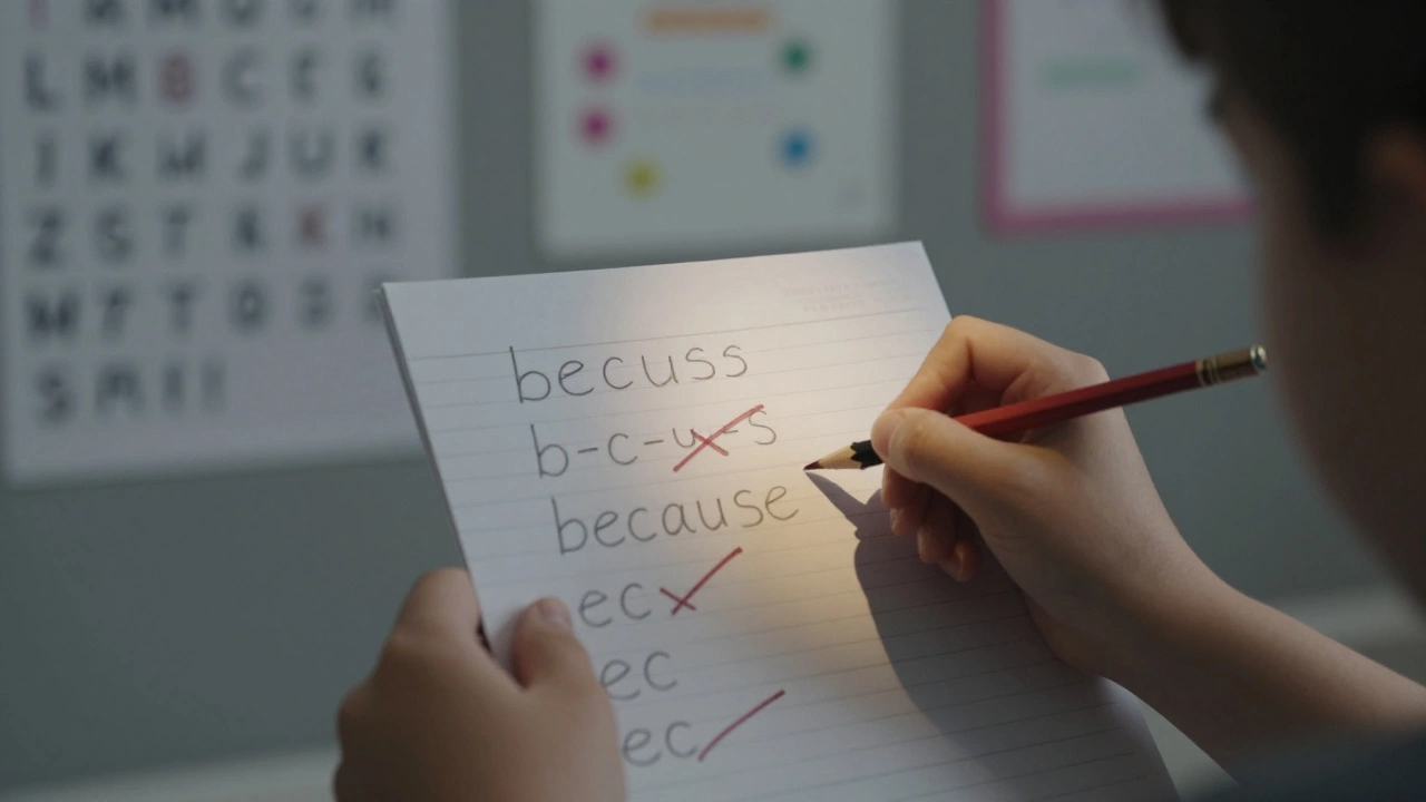 A child&#039;s paper with multiple misspellings of the word &#039;because&#039; crossed out.